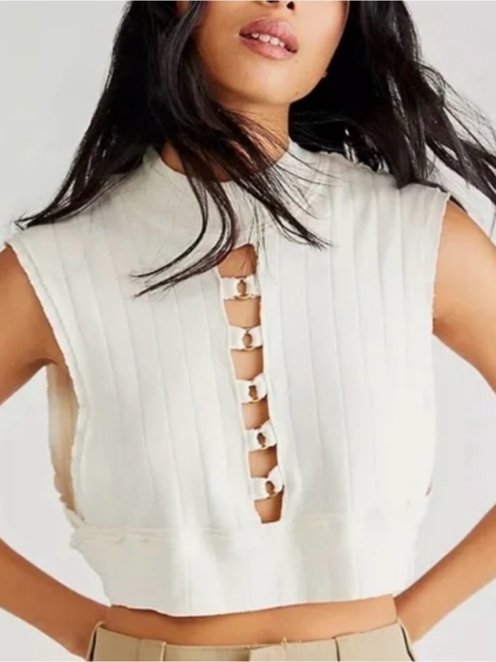 Tricia Fix White Ribbed Crop Top with Gold Ring Links